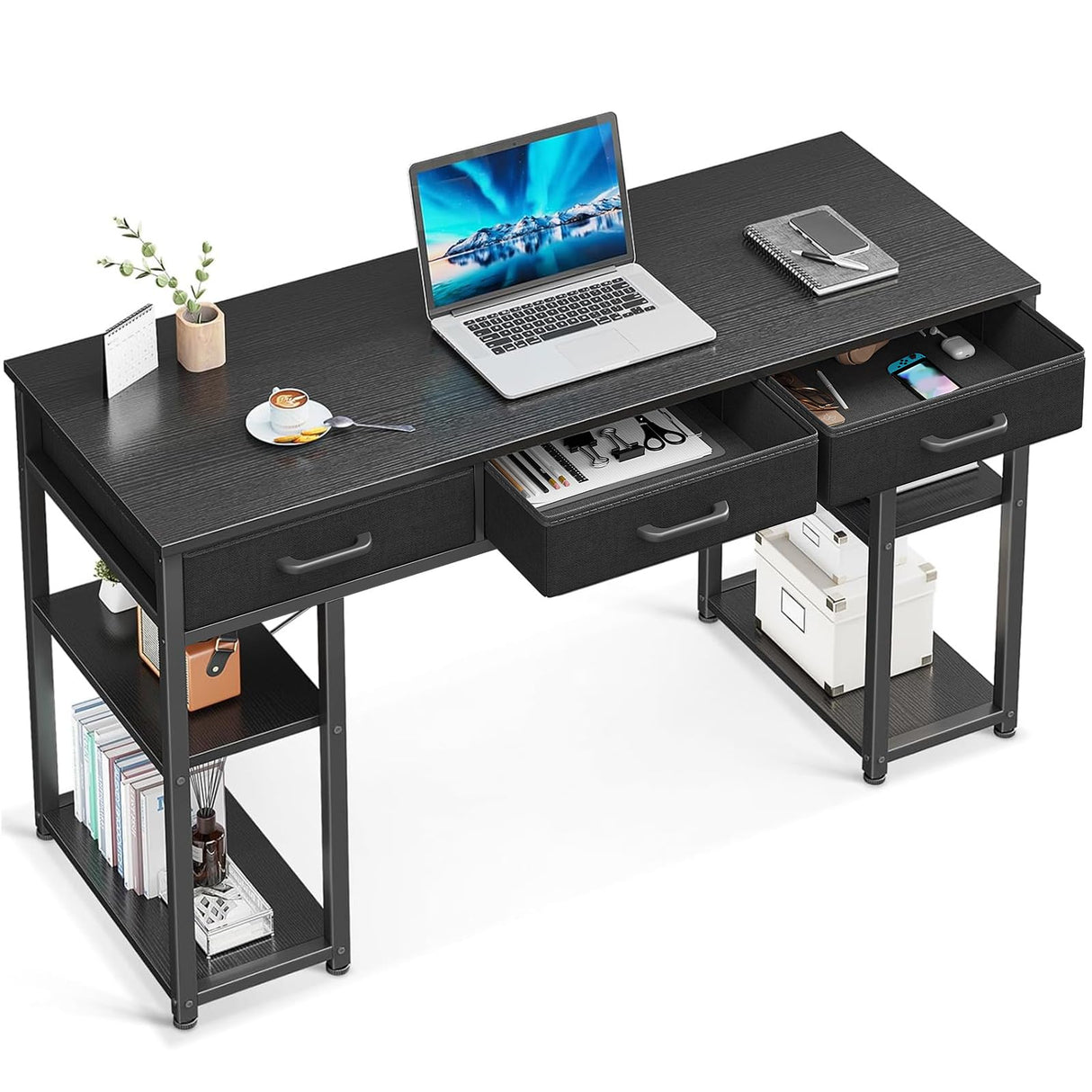 ODK Office Small Computer Desk: Home Table with Fabric Drawers & Storage Shelves, Modern Writing Desk, Black, 48"x16" ODK