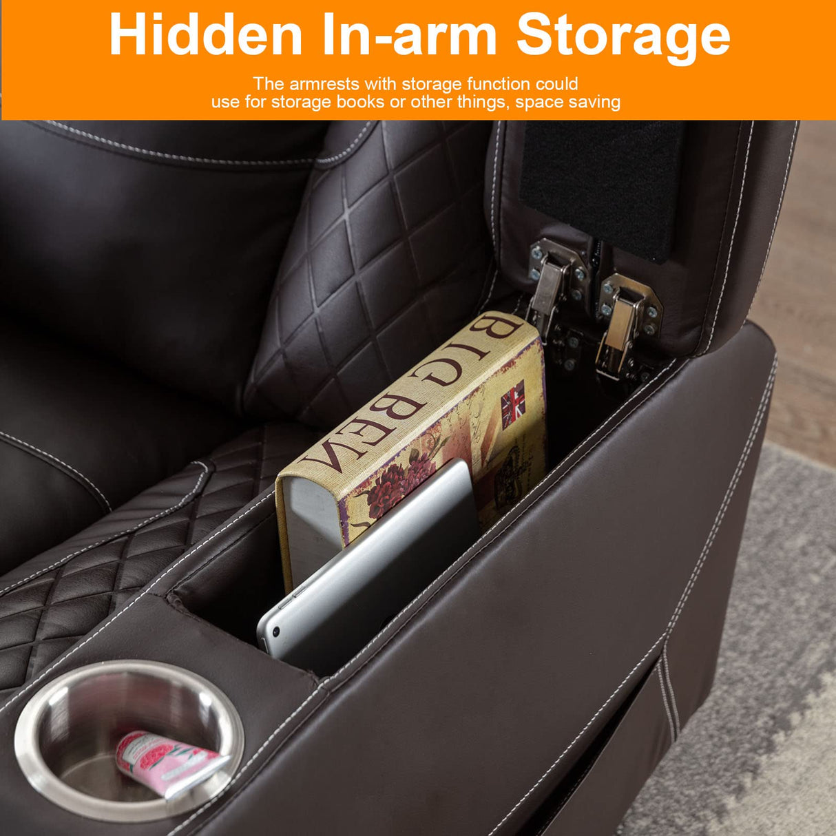 Houjud Power Recliner Chair, Home Theater Seating Soft Leather Electric Recliner Movie Chair for Living Room with Adjustable Headrest, LED Lighting, Hidden Arm Storage, Cup Holder (Brown) Houjud