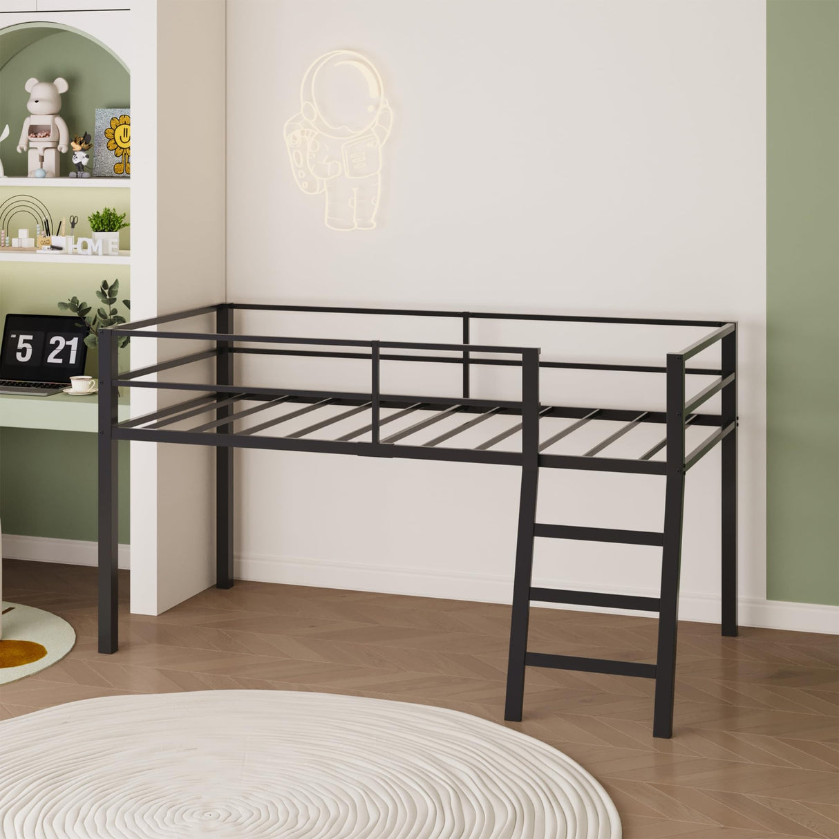 Lutown-Teen Low Loft Bed Twin Size, Junior Metal Twin Loft Bed with Stairs and Safety Guard, Noise Free for Small Bedroom, Black Lutown-Teen