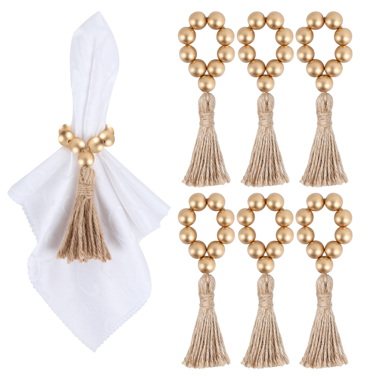 Meplait 6 Pieces Wooden Bead Napkin Rings, Farmhouse Stretchable Napkin Rings with Tassel Boho Napkin Rings for Dining Table,Wedding Decoration (Gold) Meplait