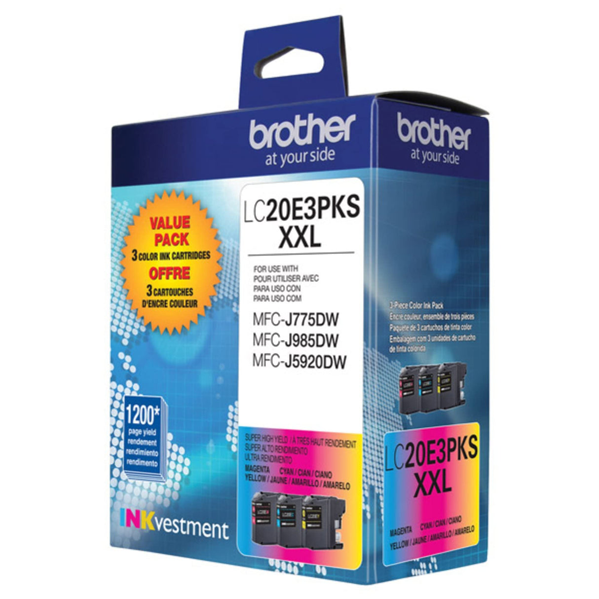 Brother Genuine High Yield Color Ink Cartridge, 3 Pack of LC20E, Replacement Color Ink Three Pack, Includes 1 Cartridge Each of Cyan, Magenta & Yellow, Page Yield Up to 1200 Pages/Cartridge, LC20E Brother