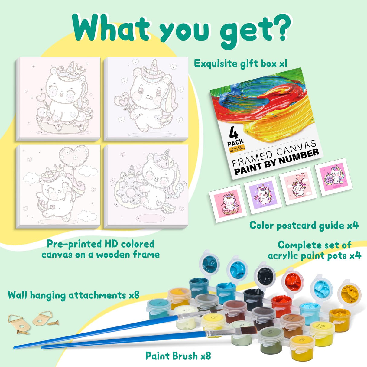 4 Pack Paint by Numbers Kit for Kids with Wooden Frame, Unicorns Easy Framed Paint by Numbers for Kids Age 4-8-12, DIY Simple Acrylic Oil Kids Painting by Numebrs Kit for Home Wall Decor (8x8 Inch) Offito