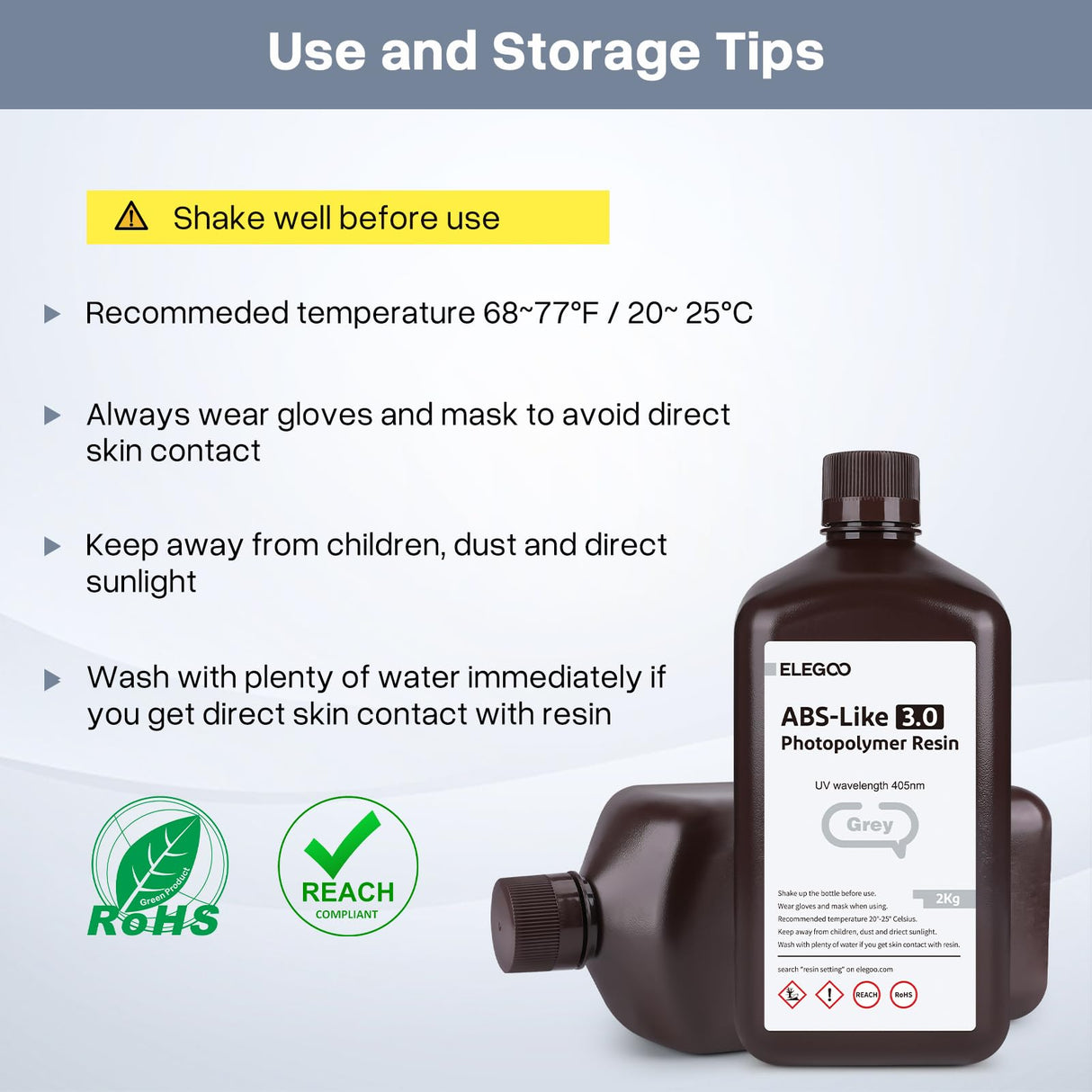 ELEGOO Upgraded ABS-Like 3D Printer Resin 3.0, 405nm UV-Curing LCD Resin High Precision Fast Curing Non-Brittle Photopolymer Resin for LCD Printing Grey 2KG ELEGOO