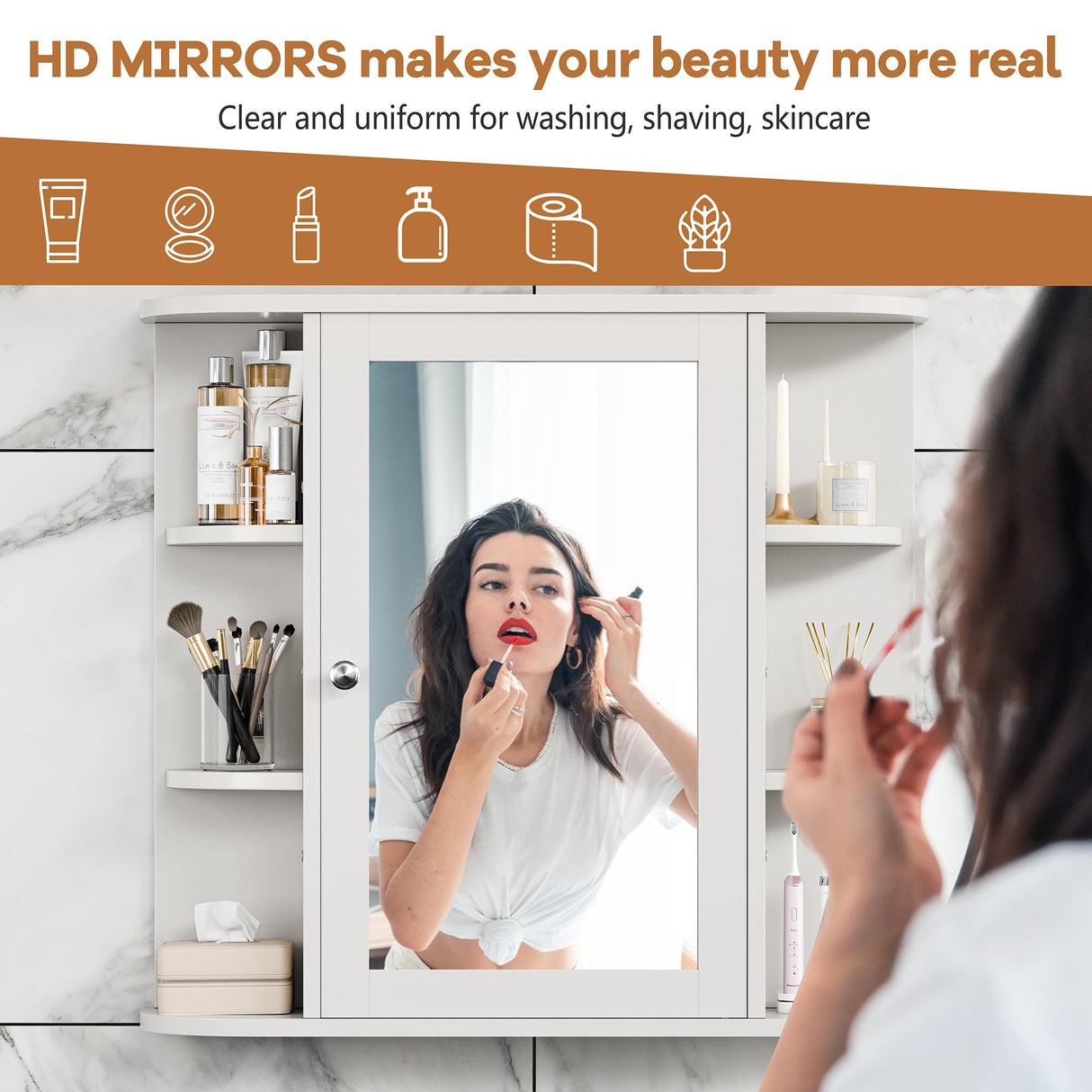 Meilocar Bathroom Medicine Cabinet, Bathroom Mirror Cabinet Wall Mounted with 6 Side Open Shelves, White Wall Cabinet with Mirror, White Meilocar