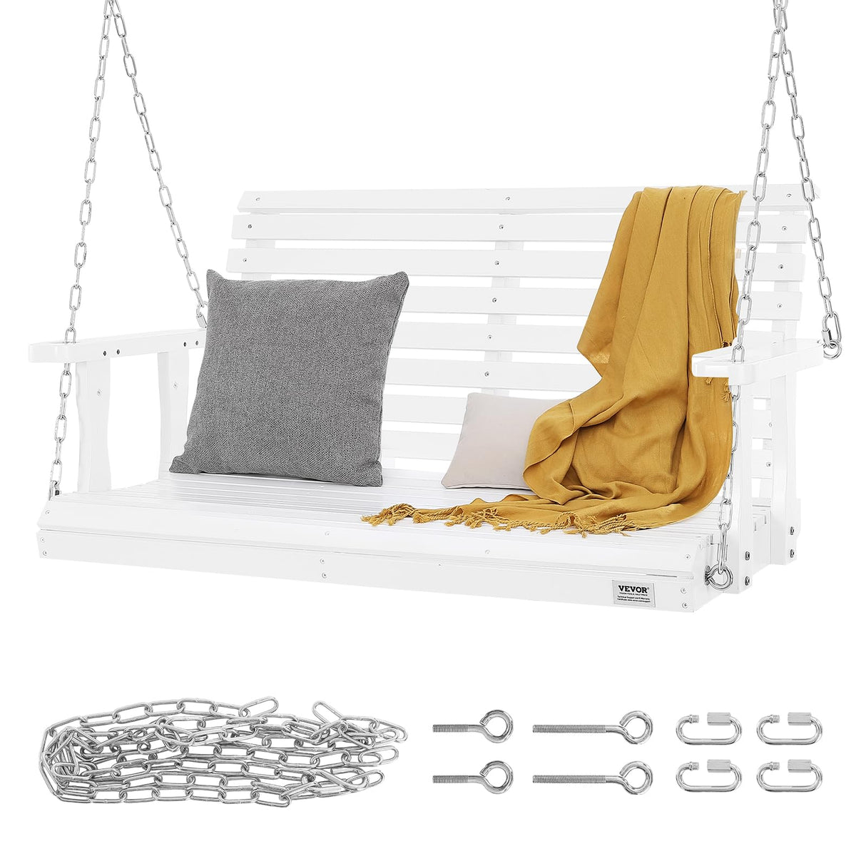 VEVOR Wooden Porch Swing 4 ft, Patio bench swing for Courtyard & Garden, Upgraded 880 lbs Strong Load Capacity, Heavy Duty Swing Chair Bench with Hanging Chains for Outdoors, White VEVOR