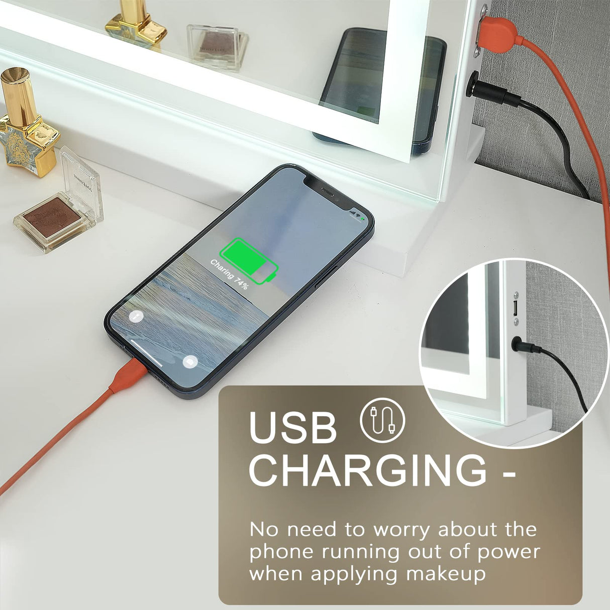 Sucedey Vanity Mirror with Lights, 23" x 18" Makeup Mirror, Hollywood Mirror with 3 Color Modes & Adjustable Brightness, Detachable 10x Magnification and USB Charging Design (White) Sucedey