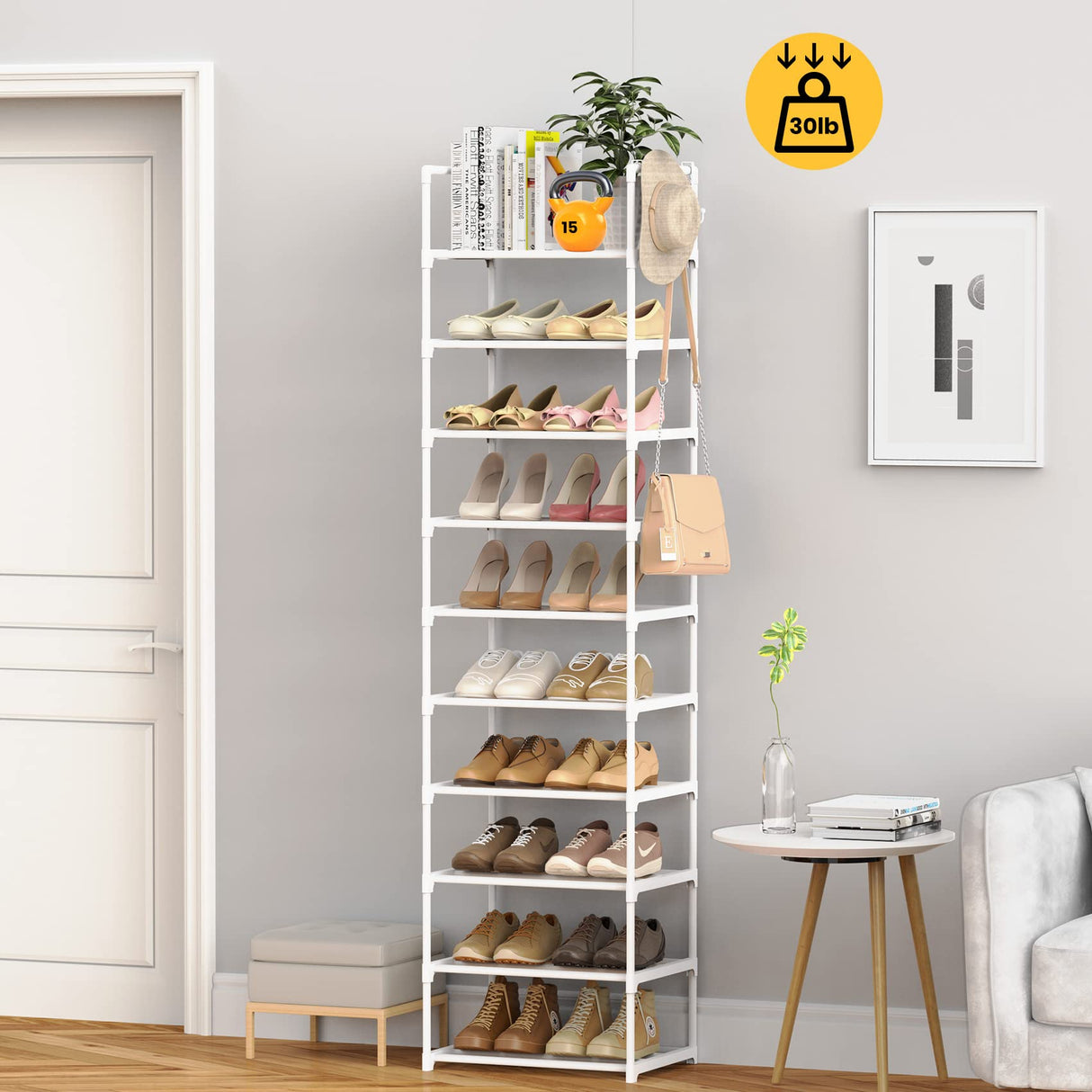 WEXCISE Metal Rack Organizer 10 Tiers Tall for 20-24 Pairs - Narrow Shoe Racks for Closets Entryway - Vertical Boots Organizer Storage - Sturdy White Shelf Cabinet WEXCISE