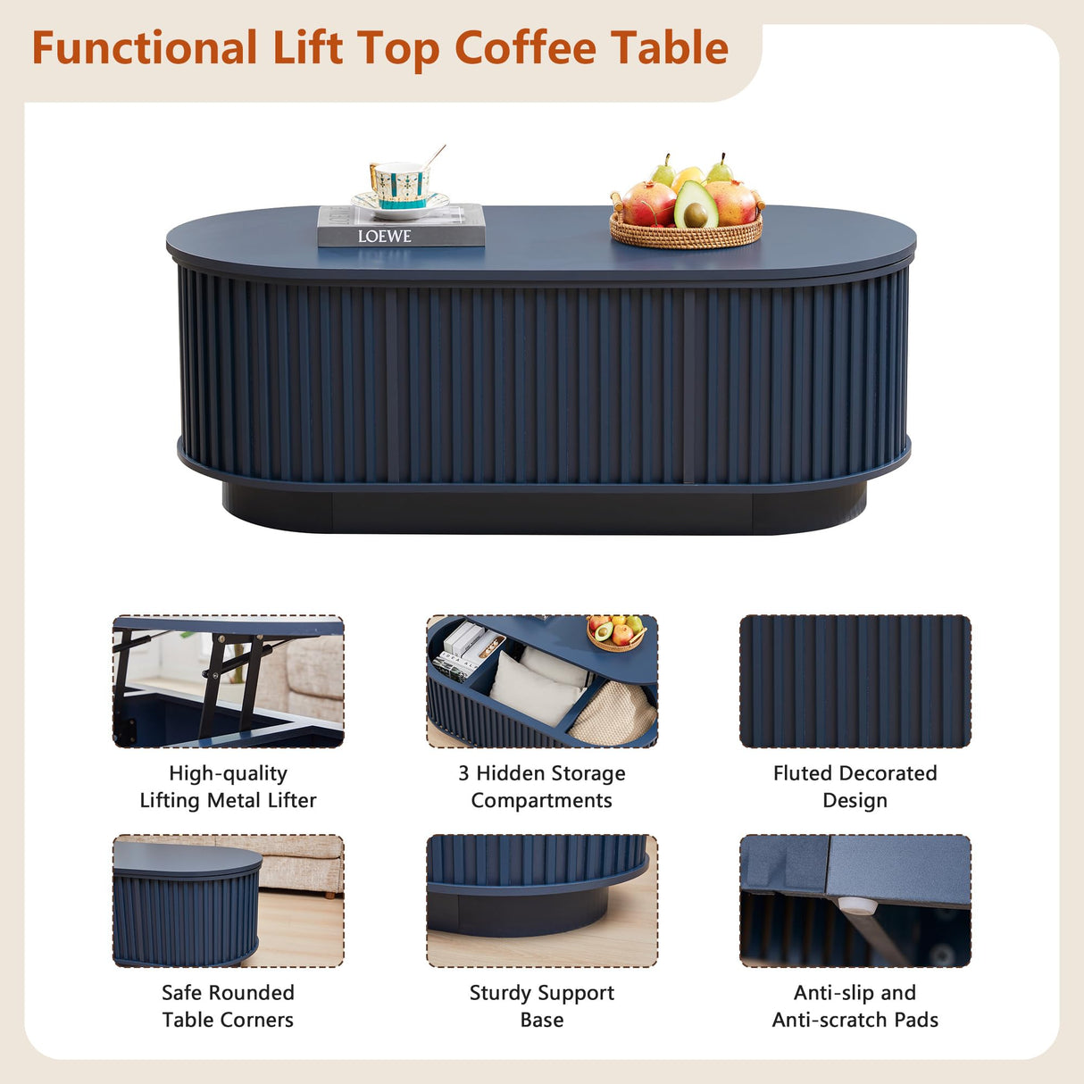 CHILILTDUS Oval Lift Top Coffee Table with Storage, 43.3”Mid Century Modern Center Table with Hidden Compartment, Fluted Wooden Lift Tabletop Dining Table for Living Room Apartment Home Office,Blue CHILILTDUS