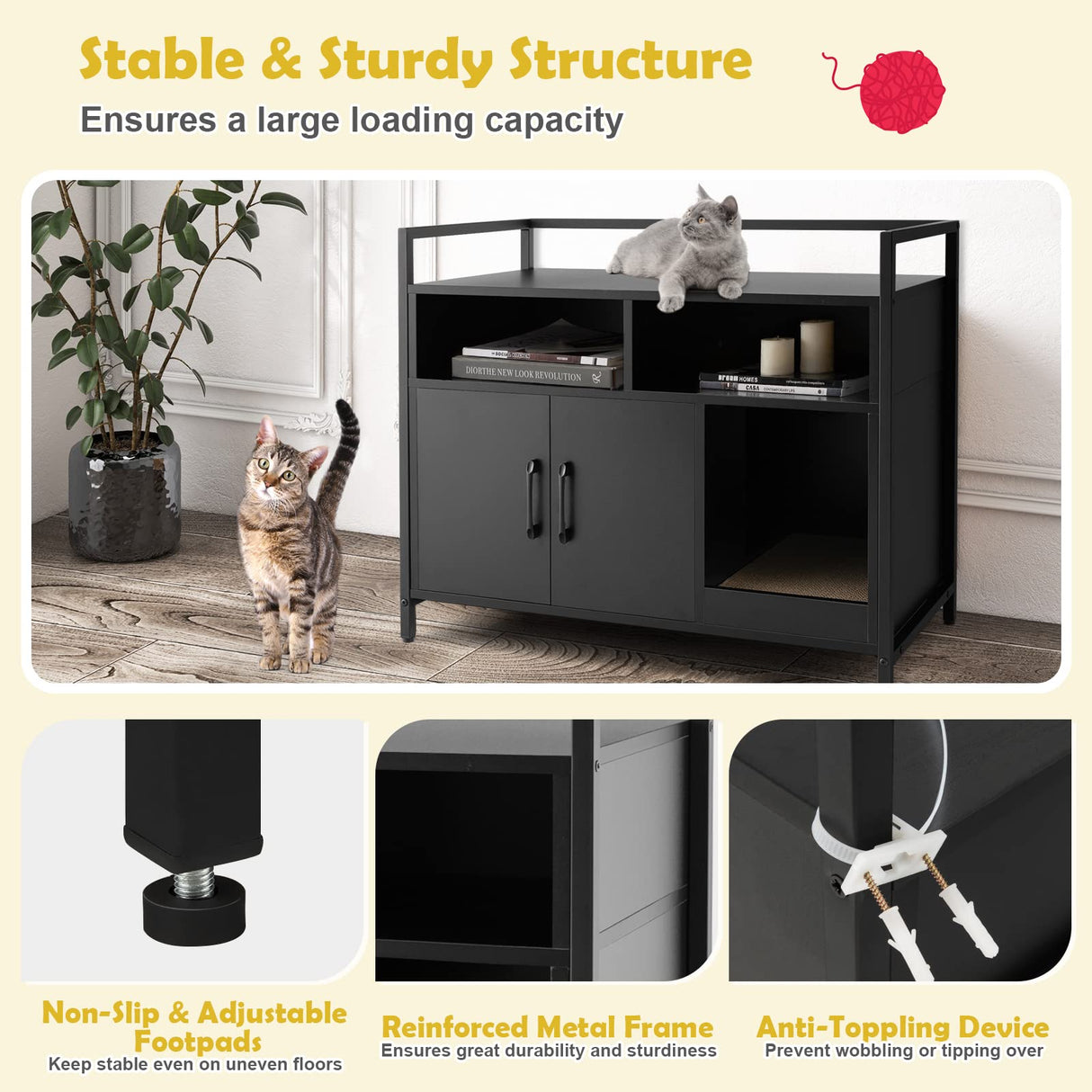 Tangkula Litter Box Enclosure, Cat Litter Box Furniture Hidden w/Metal Frame, Scratching Board, Storage Compartment, Wooden Cat Washroom, Indoor Cat House Side Table, Cat Box Cabinet (Black) Tangkula