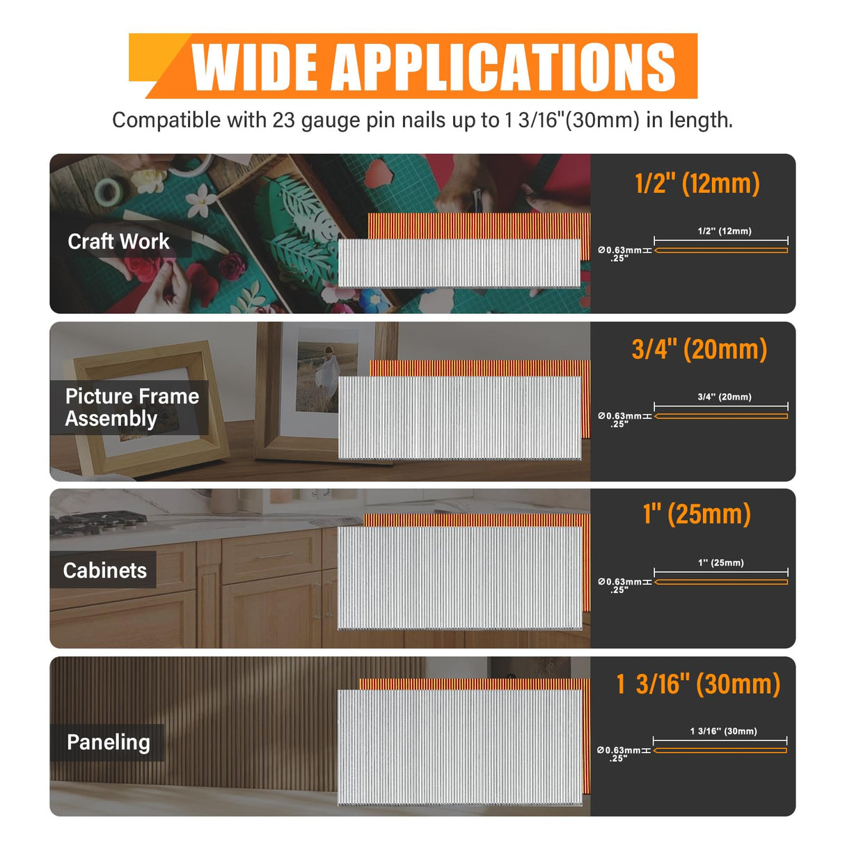 KAMSIN P630 23 Gauge Pneumatic Headless Pin Nailer Kit With 10,000PCS Pin Nails, 1/2-Inch to 1-3/16-Inch Leg Length, Air Power Micro Pinner With Safety For Furniture, Cabinets, Interior Decoration KAMSIN