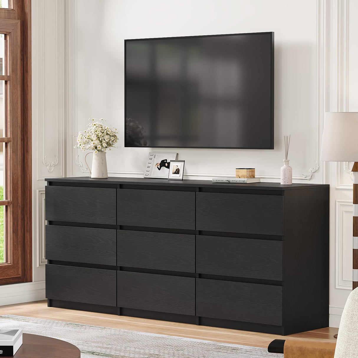 Angel Sar 62'' Black Dresser for Bedroom, Modern 9 Drawer Wood Dresser with Handle-Free Design & Thick Panel, Minimalist Storage Cabinet for Clothes, Entryway Use Angel Sar