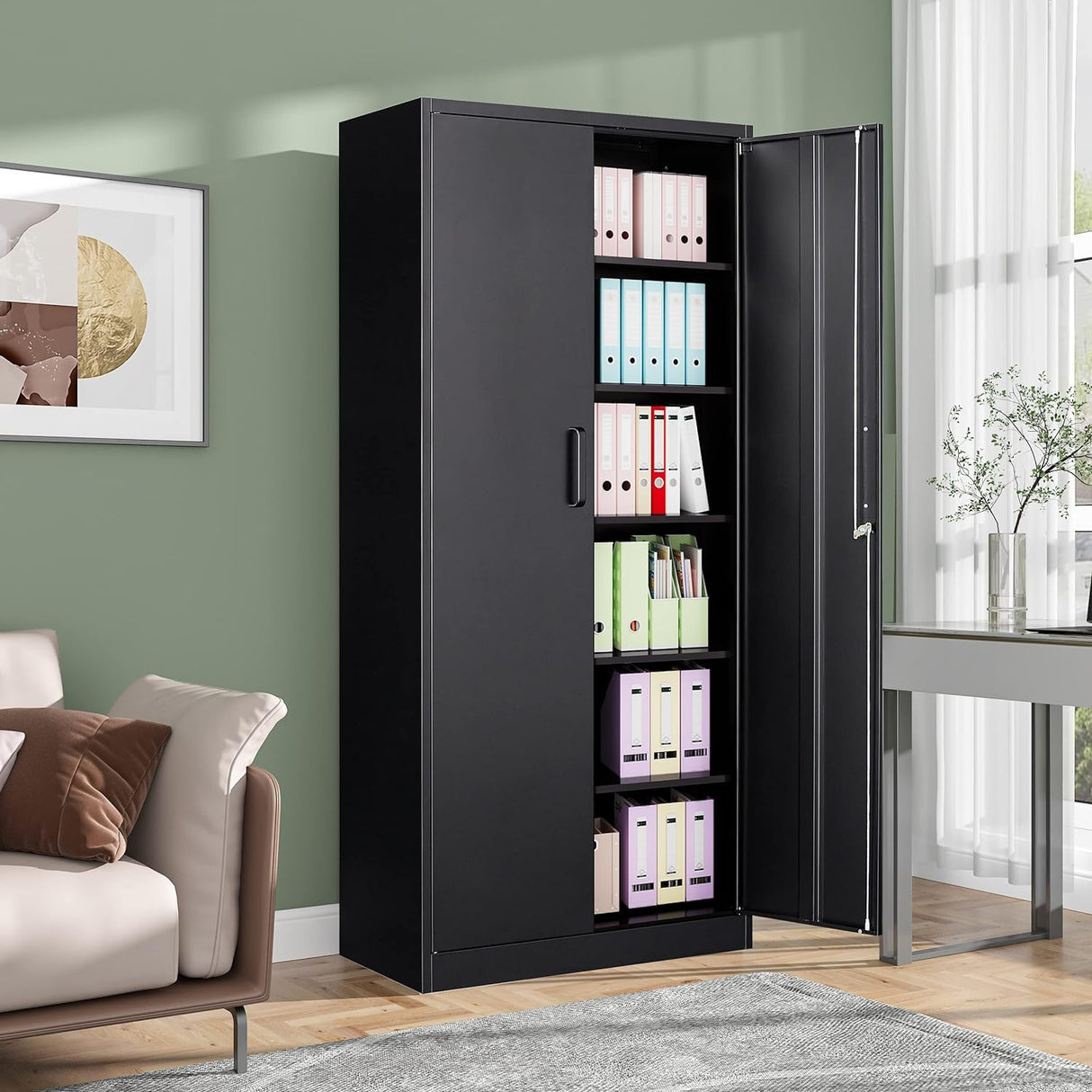 Approgreent Steel Storage Cabinet with 5 Adjustable Shelves, Garage Shelving Cabinet with 2 Lockable Doors, Tool Cabinet for Garage Storage, Pantry Cabinet - 71'H, Black Approgreent