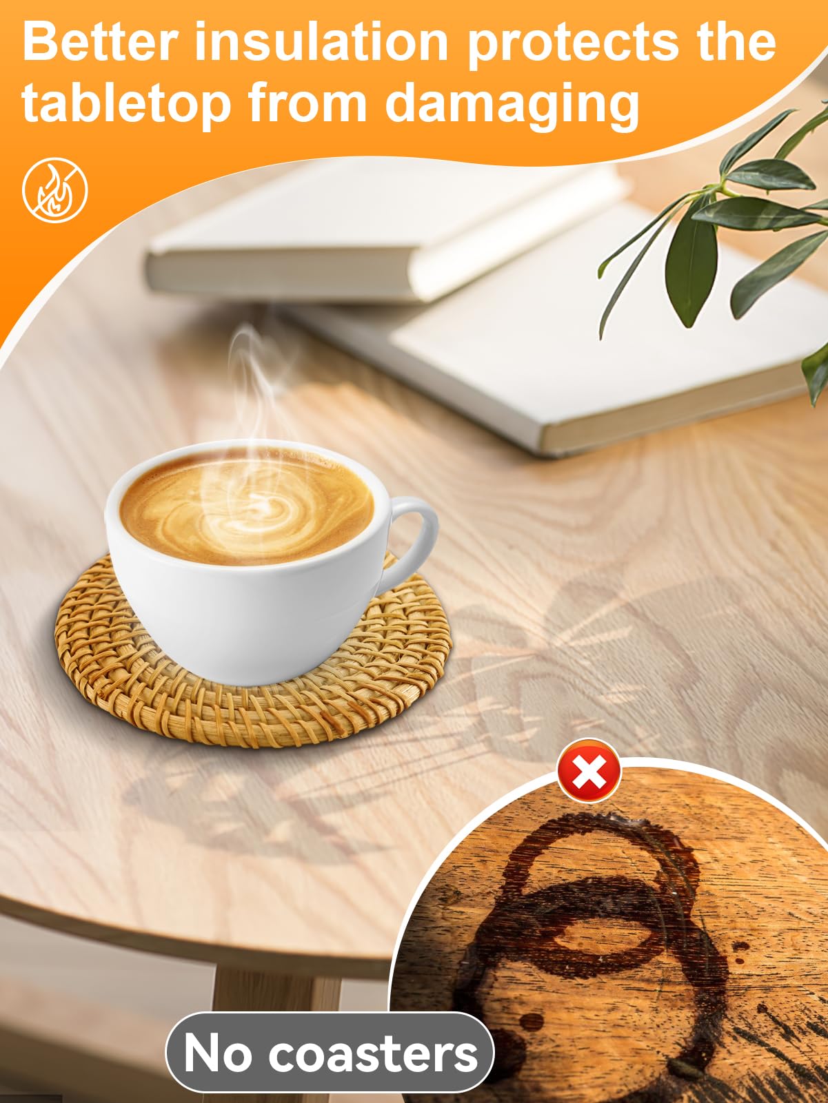 6pcs Handmade Rattan Coasters with Holder, Natural Wicker Boho Coasters Set, Heat-resistant Drink Coasters for Coffee Table Housewarming Gifts Hot Drinking Home Decor Protecting Table ANPHSIN