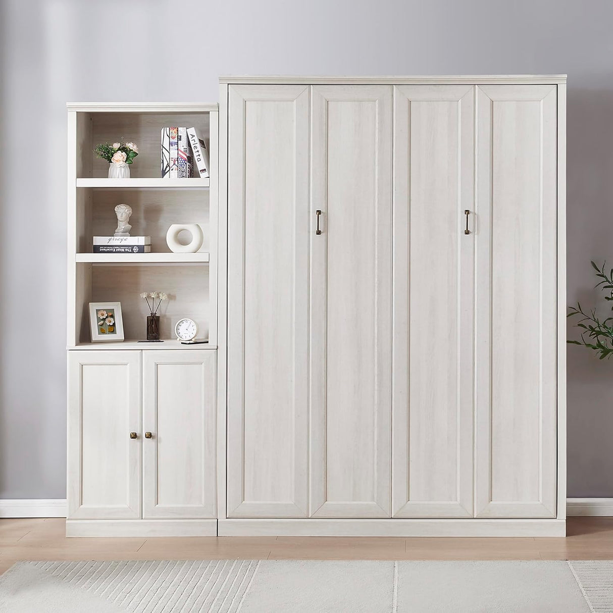 MERITLINE Queen Size Murphy Bed with Storage Bookcase Shelves,Cabinet and USB Port,Wood Folding White Murphy Wall Bed Cabinet MERITLINE