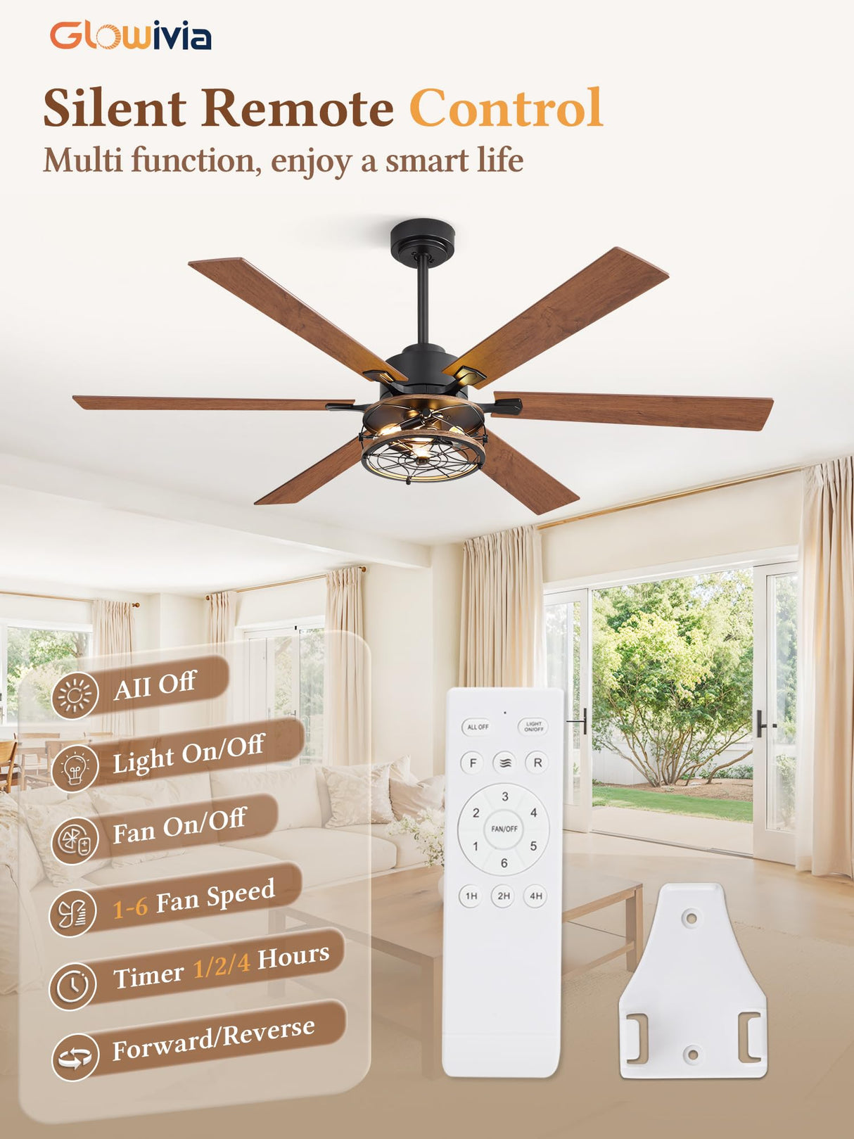 Glowivia 60 Inch Farmhouse Ceiling Fans with Lights and Remote,Black Industrial Caged Plug in Ceiling Fan with 6 Speeds and Reversible DC Motor,Double-Sided 6 Blades for Bedroom Living Room Garage Glowivia