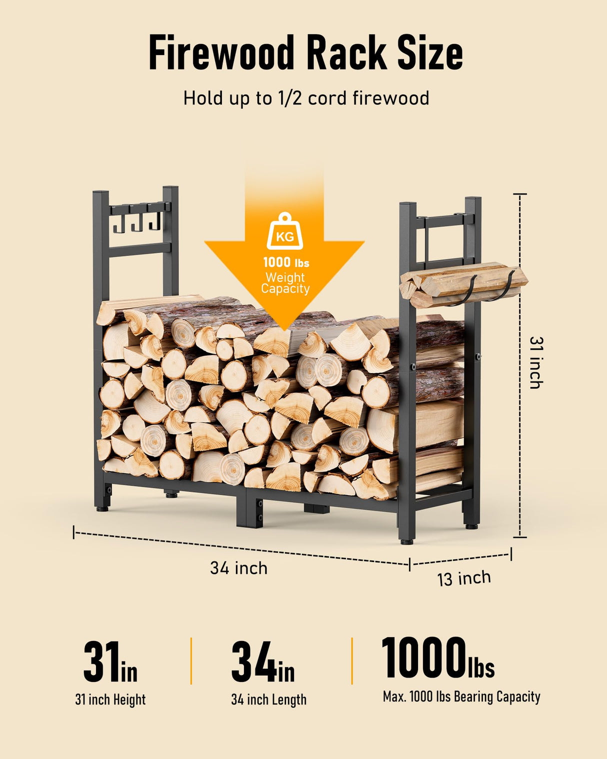 Brightown Firewood Rack Indoor with Log Carrier, 34inch Outdoor Wood Rack for Firewood,Fire Wood Storage with Kindling Hooks, Adjustable Pads, Heavy Brightown