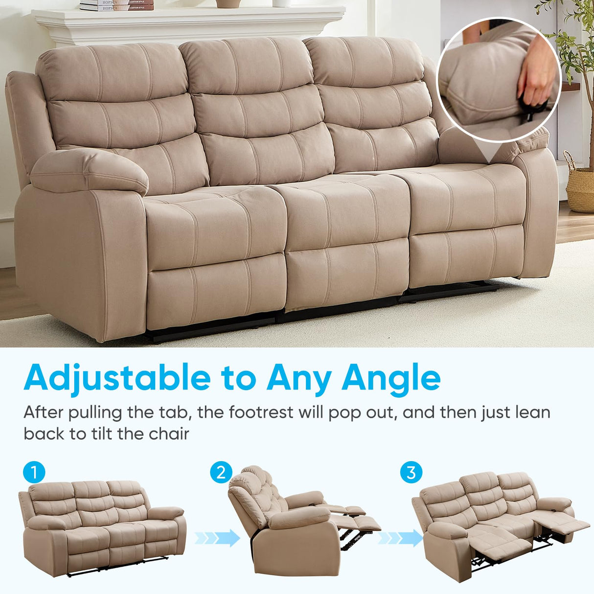 Mjkone Recliner Home Theater Seating, 3 Seater Power Reclining Sofa Chair, Manual Control Recliner Couch with Cup Holders & Flipped Middle Backrest & Table, Modern Couches for Living Room, Beige Mjkone