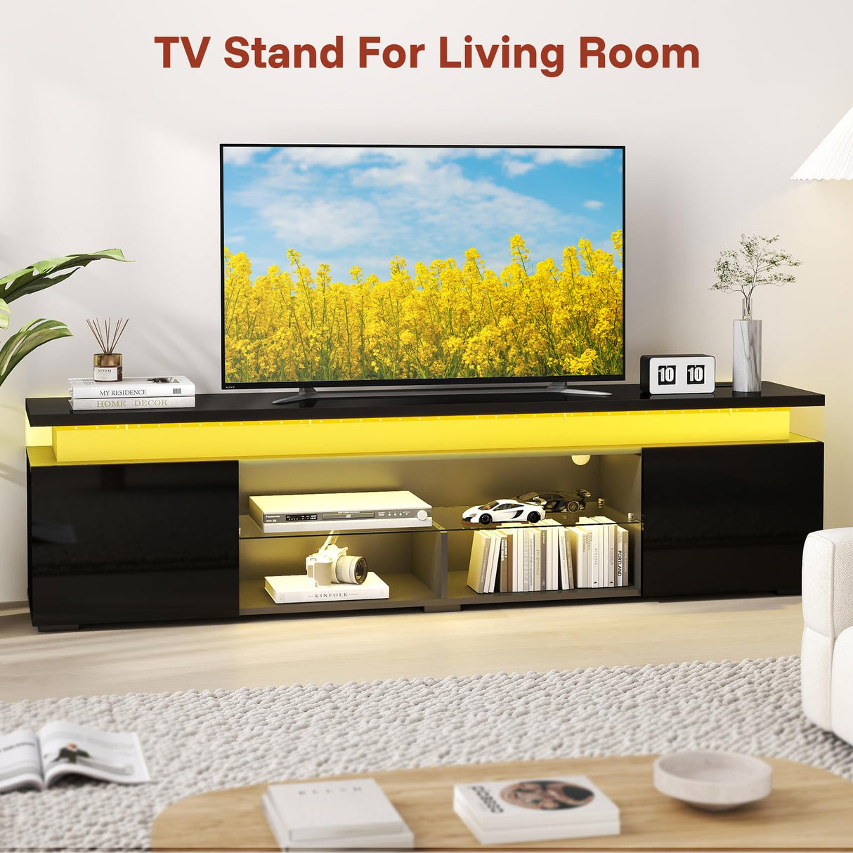 Redkey Modern TV-Stand with Light - Television Stands for 70 75 80 Inch TVs - Entertainment Center with Storage Cabinet for Bedroom Living Room - Open Glass Shelves - 2AC Outlet - Black Redkey