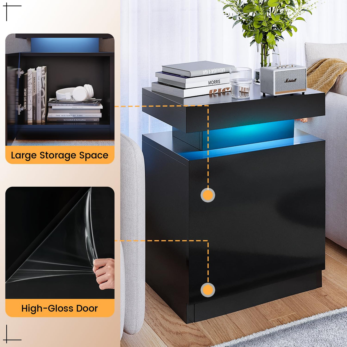Breezestival 17" Nightstand with LED Lights Set of 2, Night Stand Bedside Table with Open Compartment, Modern End Side Table with Storage for Bedroom, Black Breezestival