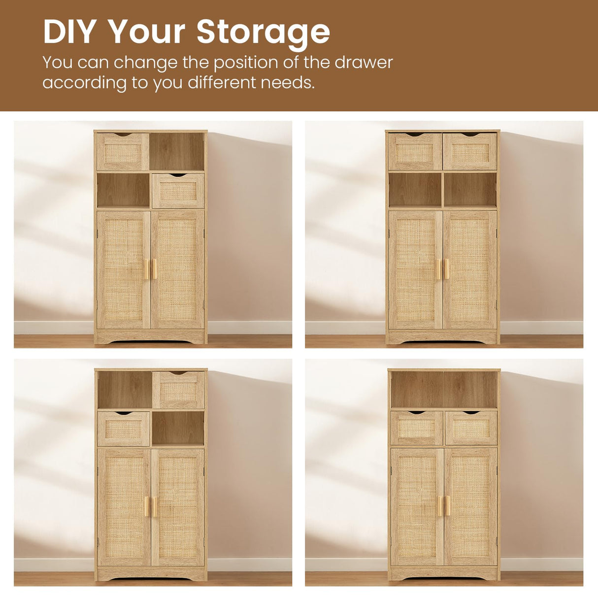 Iwell Storage Cabinet with 2 Drawers & Adjustable Shelves, Rattan Cabinet, Kitchen Pantry Cabinets, Cupboard for Living Room, Kitchen, Home Office, Natural Iwell