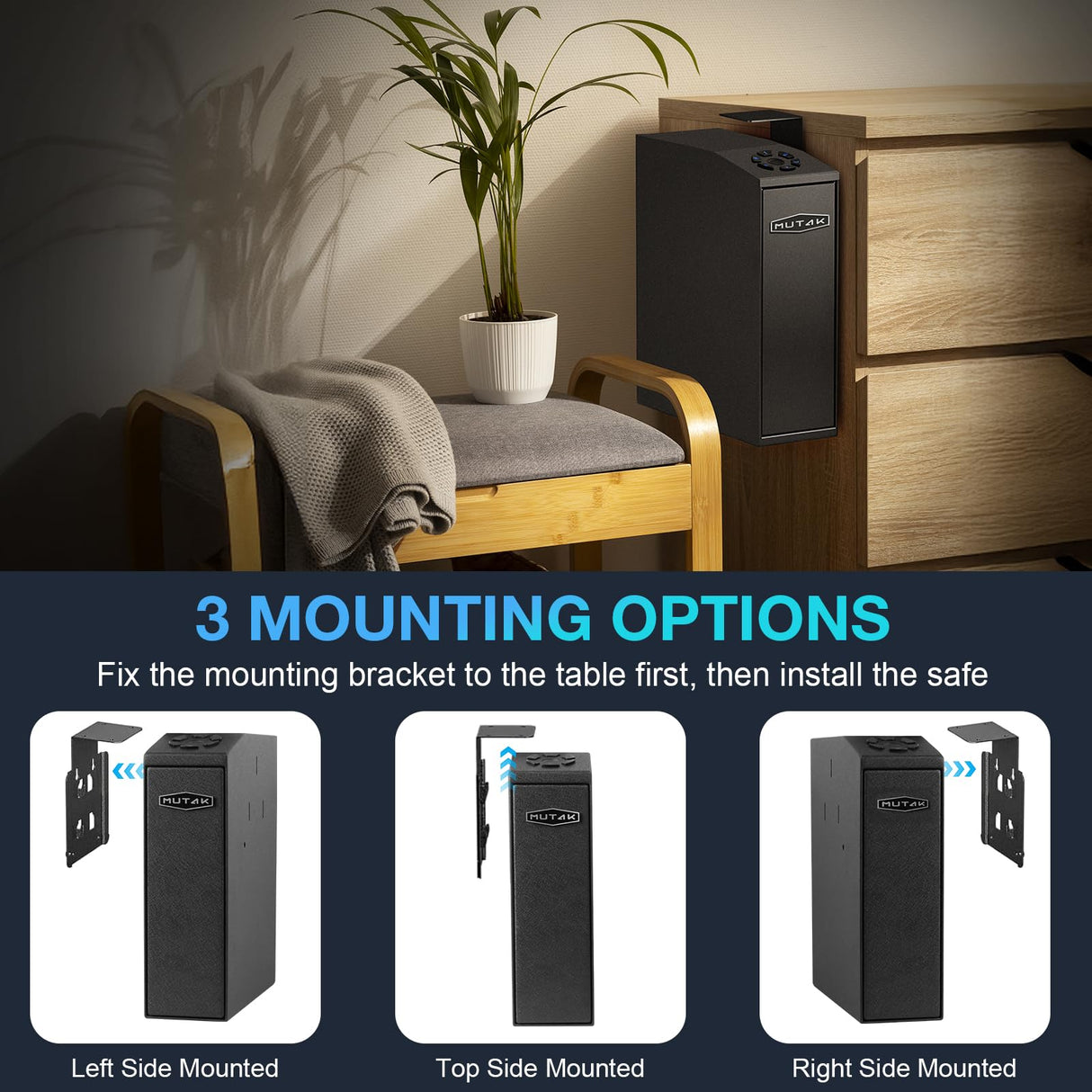 Mutak Gun Safe for Handgun, Slider Biometric Pistol Safe, 4 Ways Quick Access with APP/Fingerprint/PIN Code/KEY, Single Gun Safe for Nightstand Bedside Home,Wall, Dresser Mutak