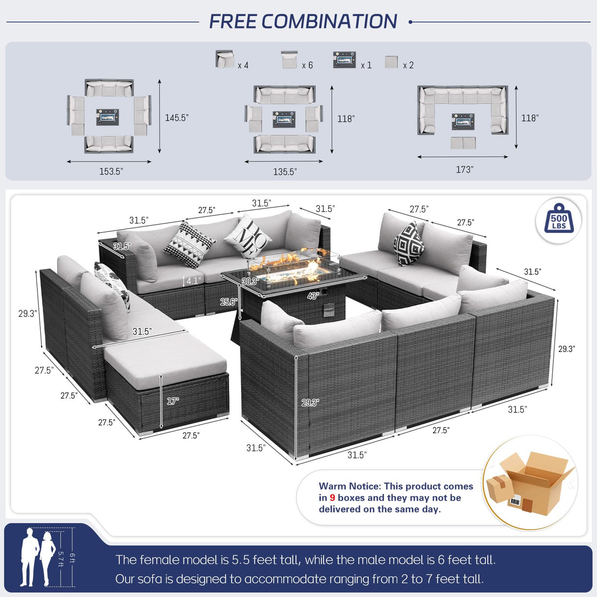 BULEXYARD 13 Piece High Back Grey Rattan Outdoor Sectional Couch Set with Propane/Gas Firepit, Luxury Oversized Patio Furniture 12-Person, Modular Backyard Seating Sofa Comfortable, Light Gray BULEXYARD