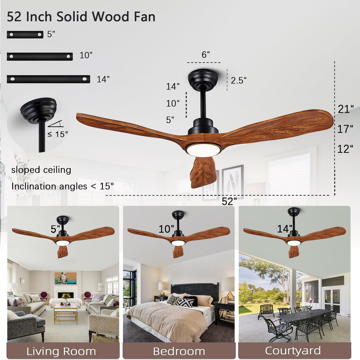 Ceiling Fans with Lights and Remote,52 Inch Unique Wood Ceiling Fan with Noiseless Reversible DC Motor,3 Blades,3 Downrods, for Farmhouse,Patio Living Room,Bedroom,Office,Indoor Outdoor(Black+Walnut) ducrew
