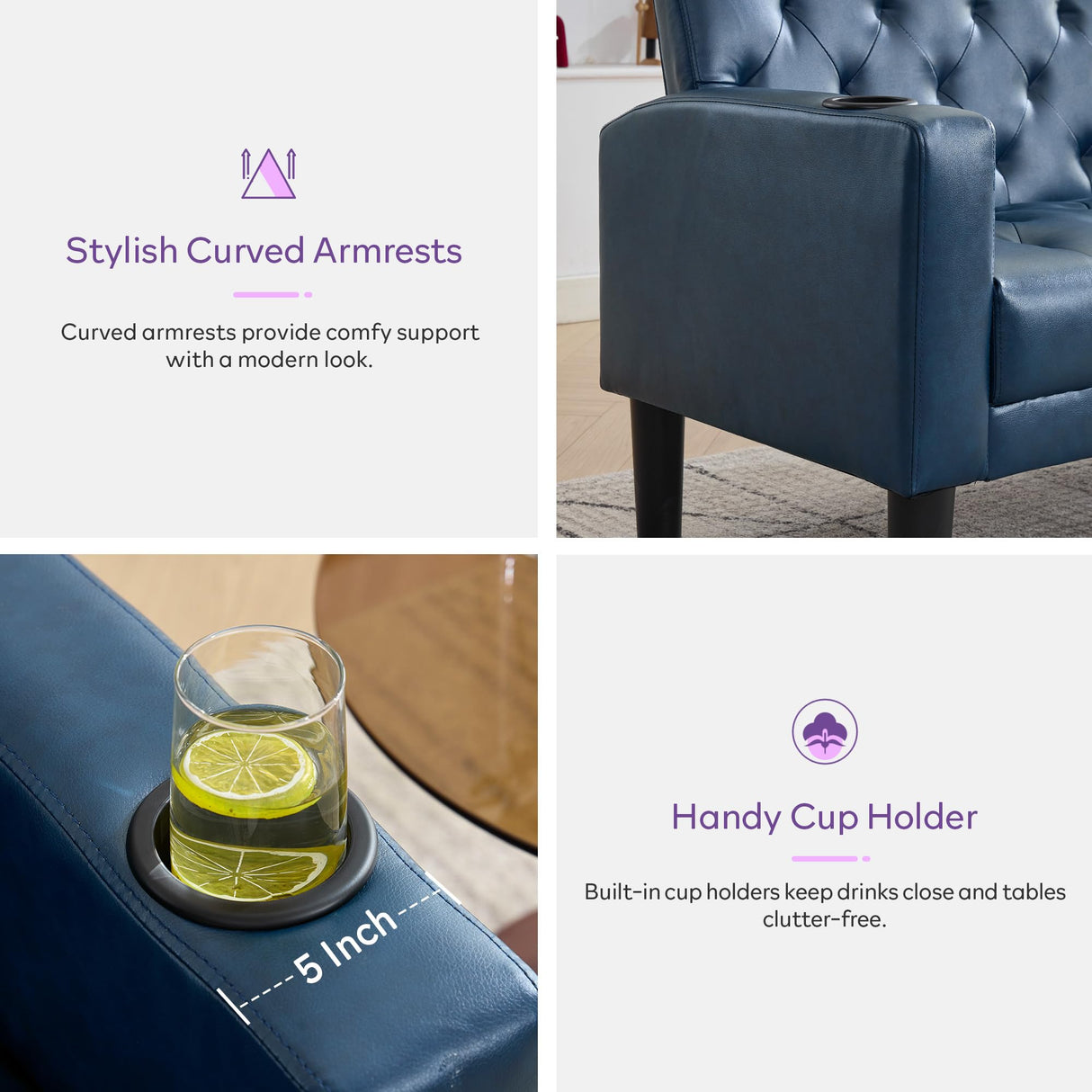 TYBOATLE 62" W Leather Loveseat w/ 2 USB and 2 Cupholders, Mid-Century Modern Tufted Small Love Seat Couches for Office, Living Room, Bedroom, Dorm (1, Blue) TYBOATLE