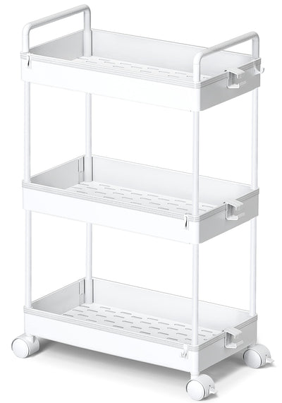 Ronlap 3 Tier Slim Rolling Storage Cart with Wheels Plastic Utility Cart Organizer for Snack Craft Art Postpartum Baby Diaper Nail Makeup in Bathroom Laundry Room Kitchen Bedside Narrow Space, White