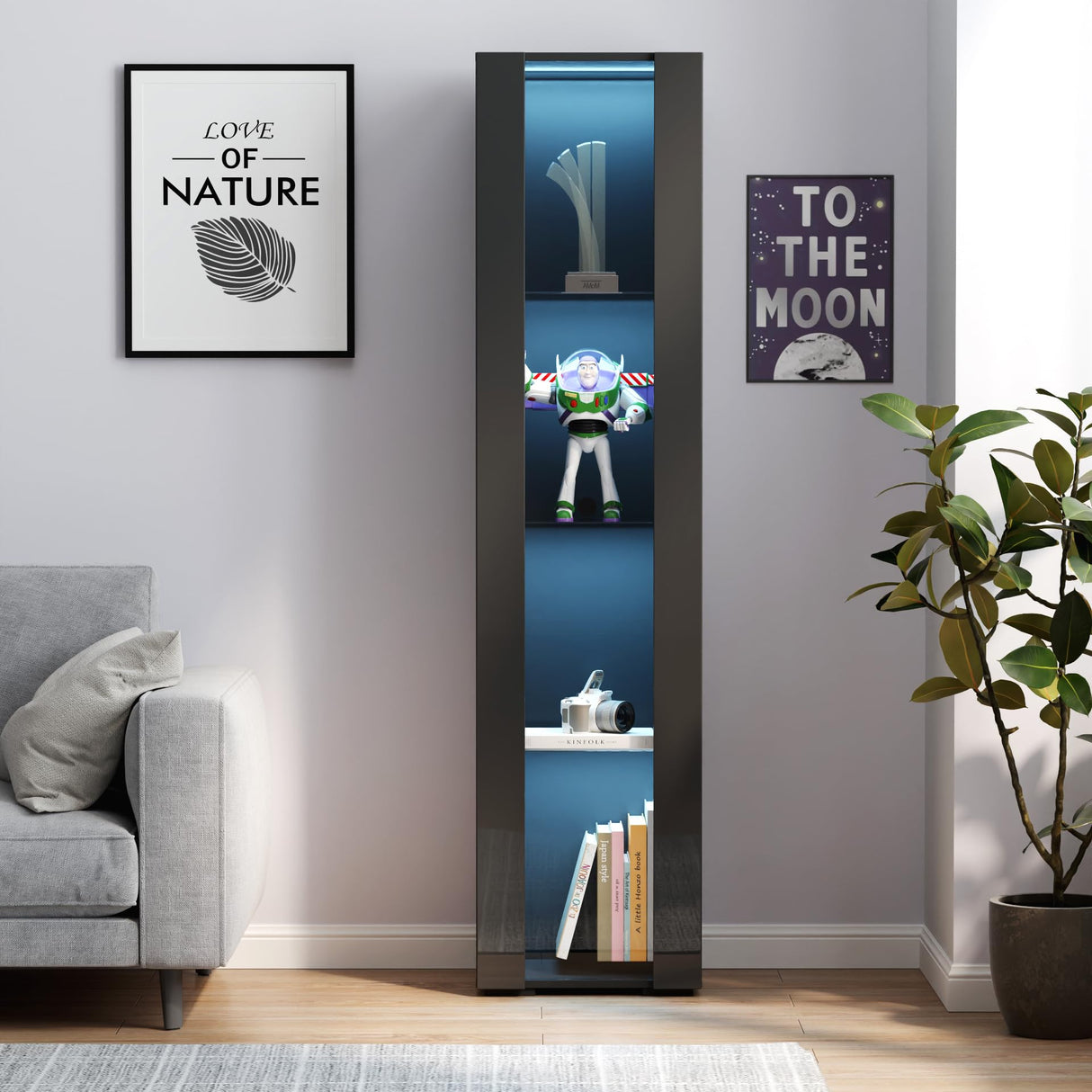 Pvillez 67" LED Display Cabinet with 4 Glass Shelves & 1 Door, Modern Curio Cabinet Collection Display Case Storage Cabinet, High Gloss Floor Standing Bookshelf for Living Room Bedroom Office (Black) Pvillez