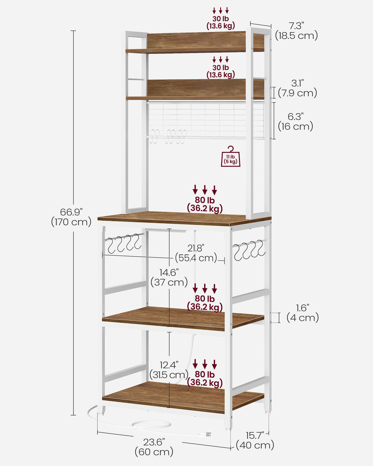 VASAGLE Hutch Bakers Rack with Power Outlet, 14 Hooks Microwave Stand, Adjustable Coffee Bar with Metal Wire Panel, Kitchen Storage Shelf, 15.7 x 23.6 x 66.9 Inches, Rustic Walnut and White UKKS037W41 VASAGLE
