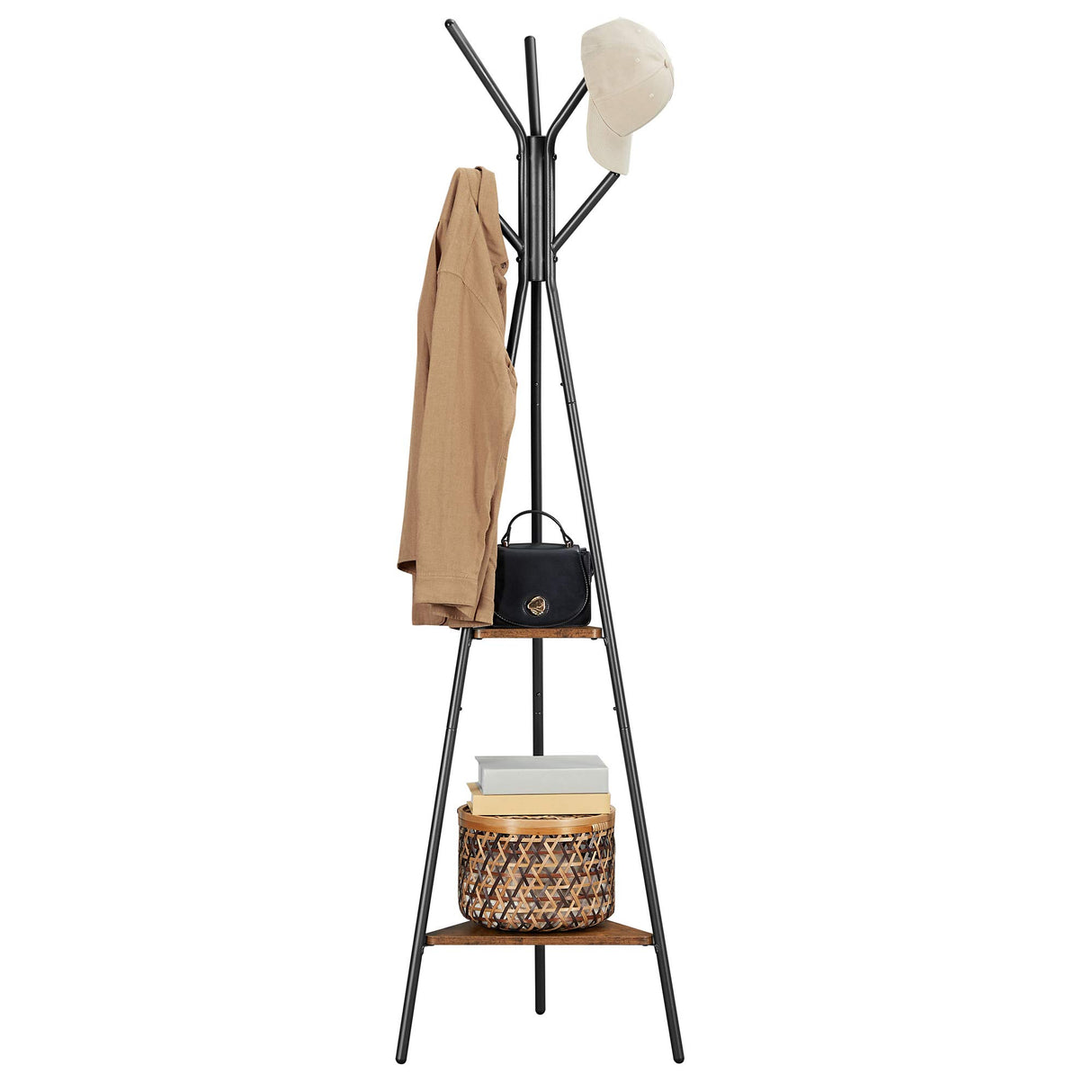 VASAGLE Coat Rack Freestanding, Coat Hanger Stand, Hall Tree with 2 Shelves, for Clothes, Hat, Bag, Industrial Style, Rustic Brown and Black URCR16BX VASAGLE