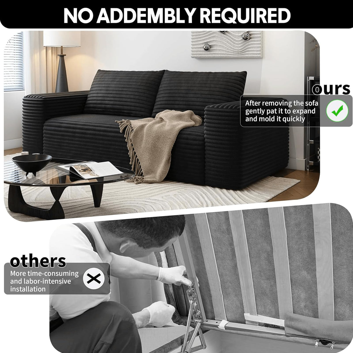 63" Cloud Loveseat Sofa, Modern Corduroy Boneless Couch with Deep Seat Memory Foam, Comfy 2 Seater Foam Floor Couches for Living Room Bedroom Apartment, No Assembly Required (Black, 63"+2 Seaters) YskdhfczQ