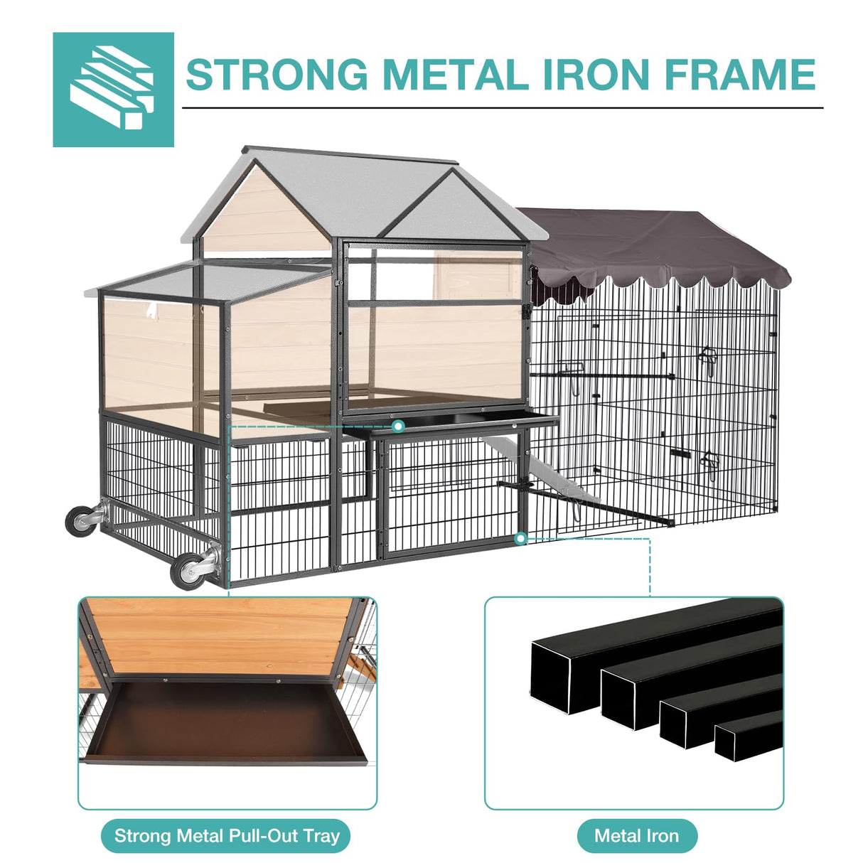 Large Chicken Coop for 4-6 Chickens,Mobile Combination of Metal and Wood Hen House Poultry Cage with Metal Run, Nesting Box,Waterproof Rain Cover Duck Coop Suumerpety