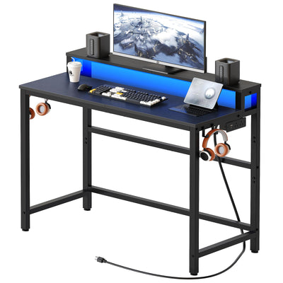 YATINEY Computer Desk with Charging Station and LED Lights, Gaming Desk with Monitor Stand, 2-Tier Home Office Desk with 4 Side Hooks, for Living Room, Home Office, Black DN01UDBBY1