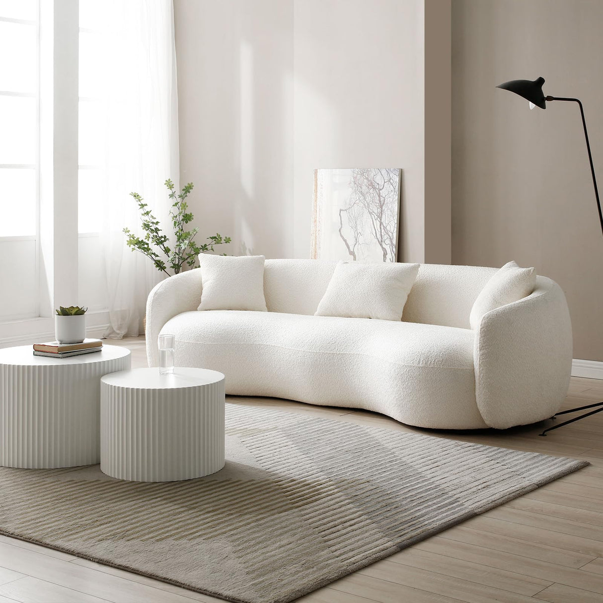 mr.waiba 94” Modern Elegant Curved Sofa Mid-Century Luxury Style Curved Back Comfortable Boucle Curved Sofa for Bedroom, Office, Apartment 4 Seater Fabric Sofa (Beige White) mr.waiba