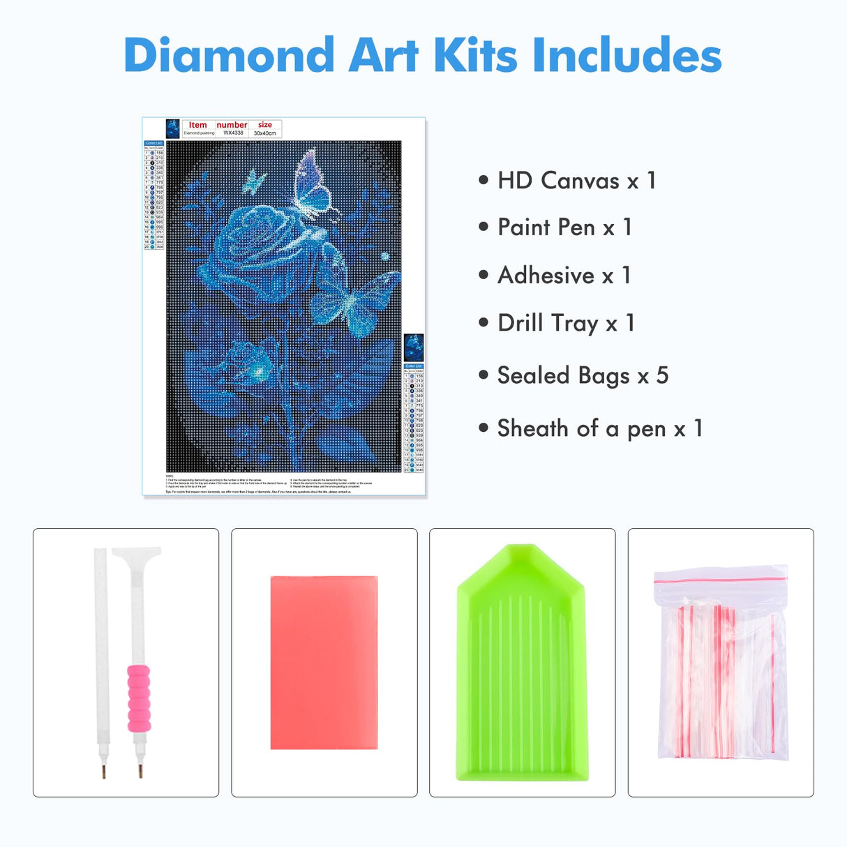 MOGTAA Blue Rose Diamond Art Kits for Adults, Glowing Butterfly Diamond Painting Kits for Beginners, DIY 5D Diamond Dots Kits Flowers Gem Painting for Home Wall Art Decor 12x16 inch MOGTAA