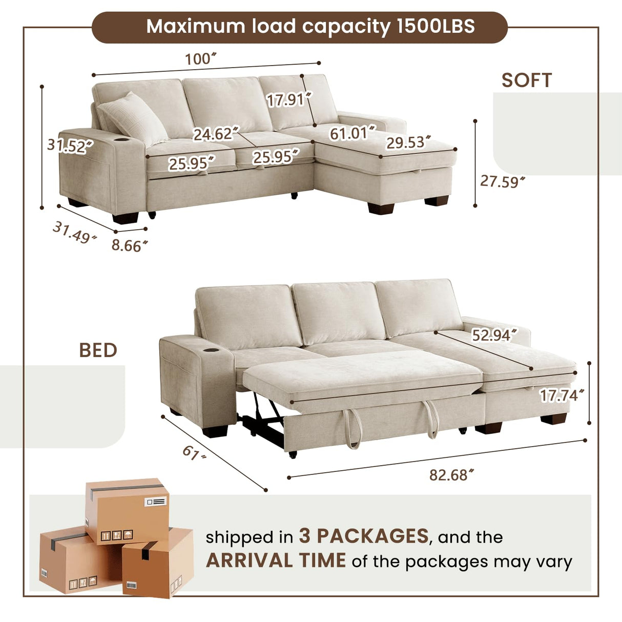 ASHOMELI 99" Convertible Sleeper Sofa Bed,L Shaped with Storage Chaise Pull Out Couch for Living Room,USB and Type-C,Removable Washable Chenille Covers (Beige) ASHOMELI