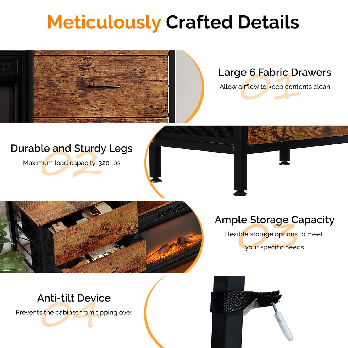 VINGLI Fireplace TV Stand Dresser with Fabric Drawer, Entertainment Center with LED Lights and Industrial TV Console Table with Open Storage Shelves for Living Room, Bedroom,Rustic Brown VINGLI