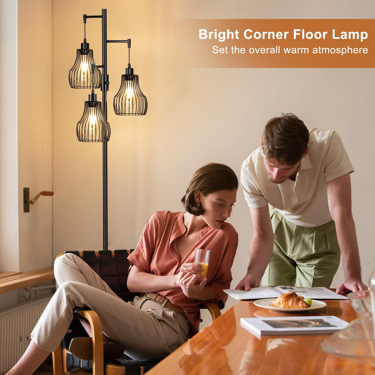 Dimmable Floor Lamp, 3 x 800LM LED Edison Bulbs Included, Farmhouse Industrial Floor Lamp Standing Tree Lamp with Elegant Cage Tall Lamps for Living Room Bedroom Office - Black Ziisee