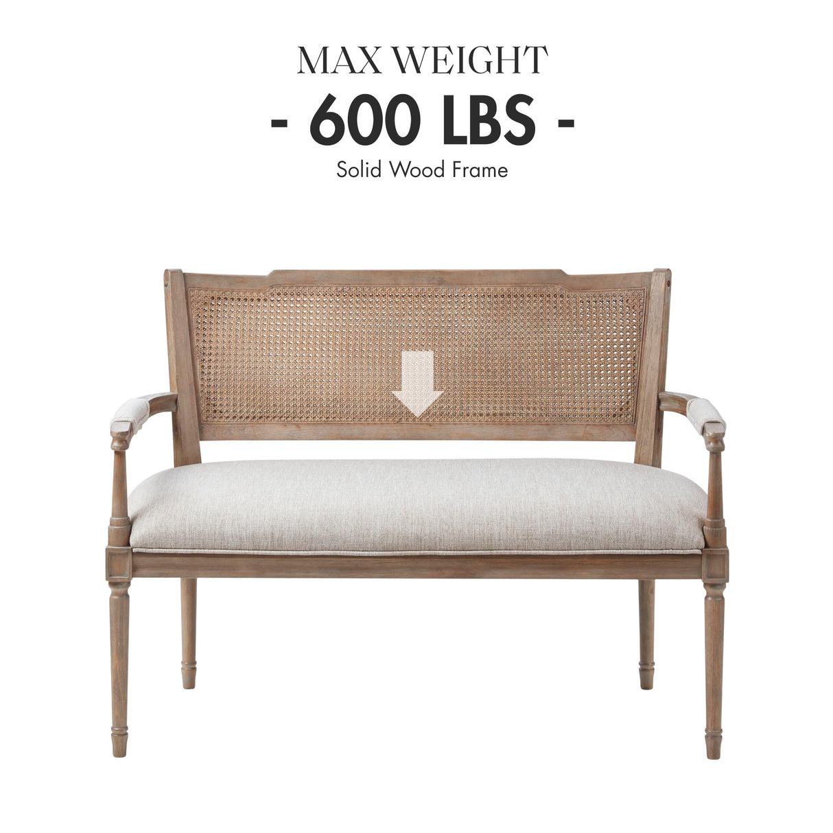 Madison Park Willshire Natural Rattan Settee, Upholstered Seat - Charming Country Design, Rustic Reclaimed Wood Finish, Ratan Insert Backrest & Padded Arm Rest, 47.25" Wide Beige/Reclaimed Natural Madison Park