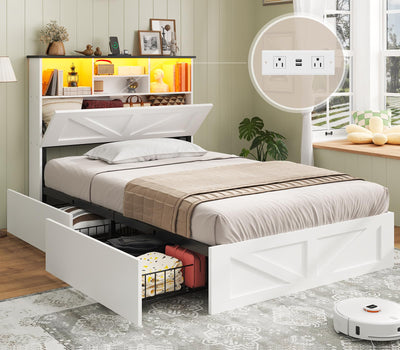 AOGLLATI Farmhouse Twin Bed Frame with 4 Storage Drawers and Charging Station,Wooden Led Twin Bed with Storage Hidden Space Headboard and Metal Slats,No Spring Box Needed,White