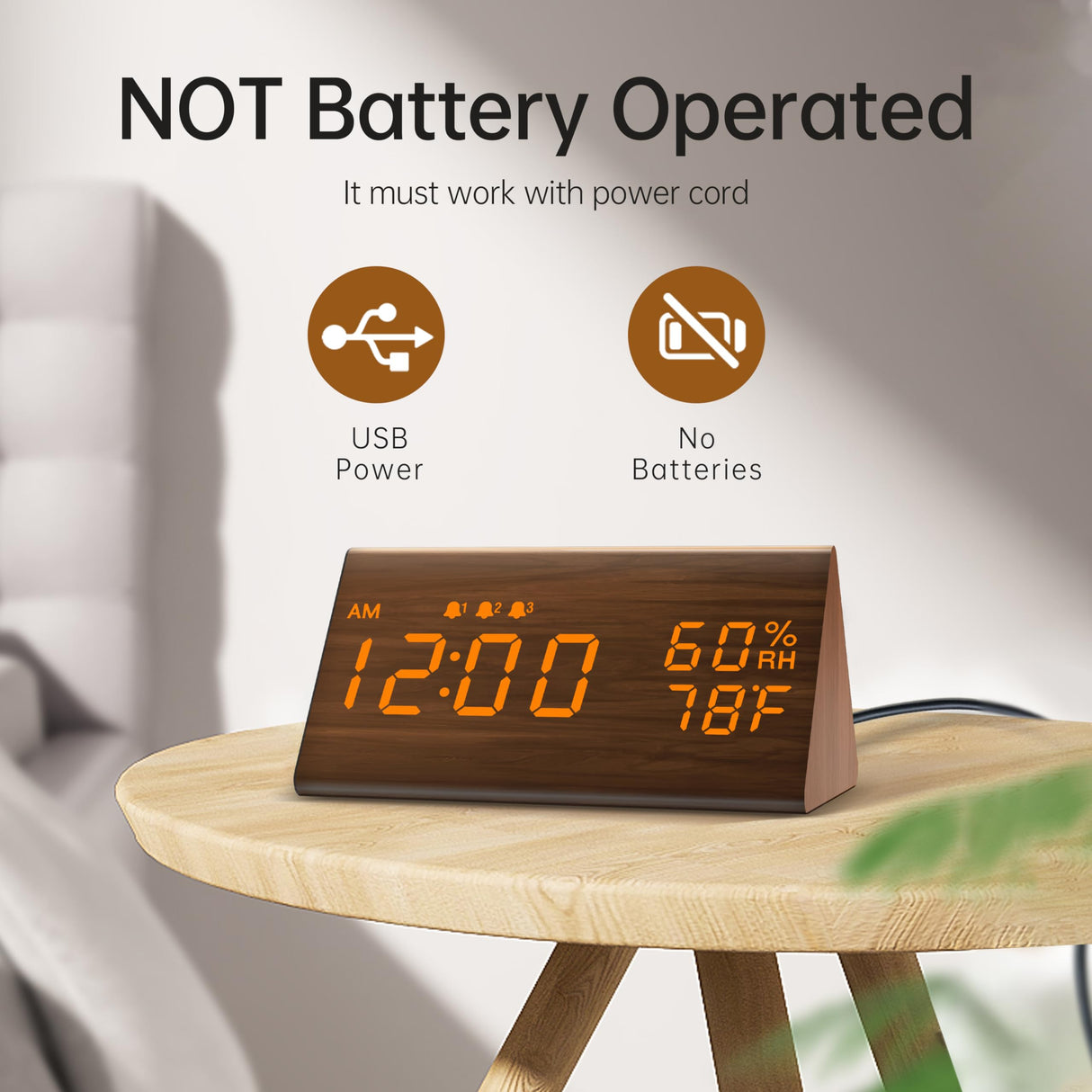JALL Digital Alarm Clock, with Wooden Electronic LED Time Display, 3 Alarm Settings, Humidity & Temperature Detect, Wood Made Electric Clocks for Bedroom, Bedside (Brown) JALL