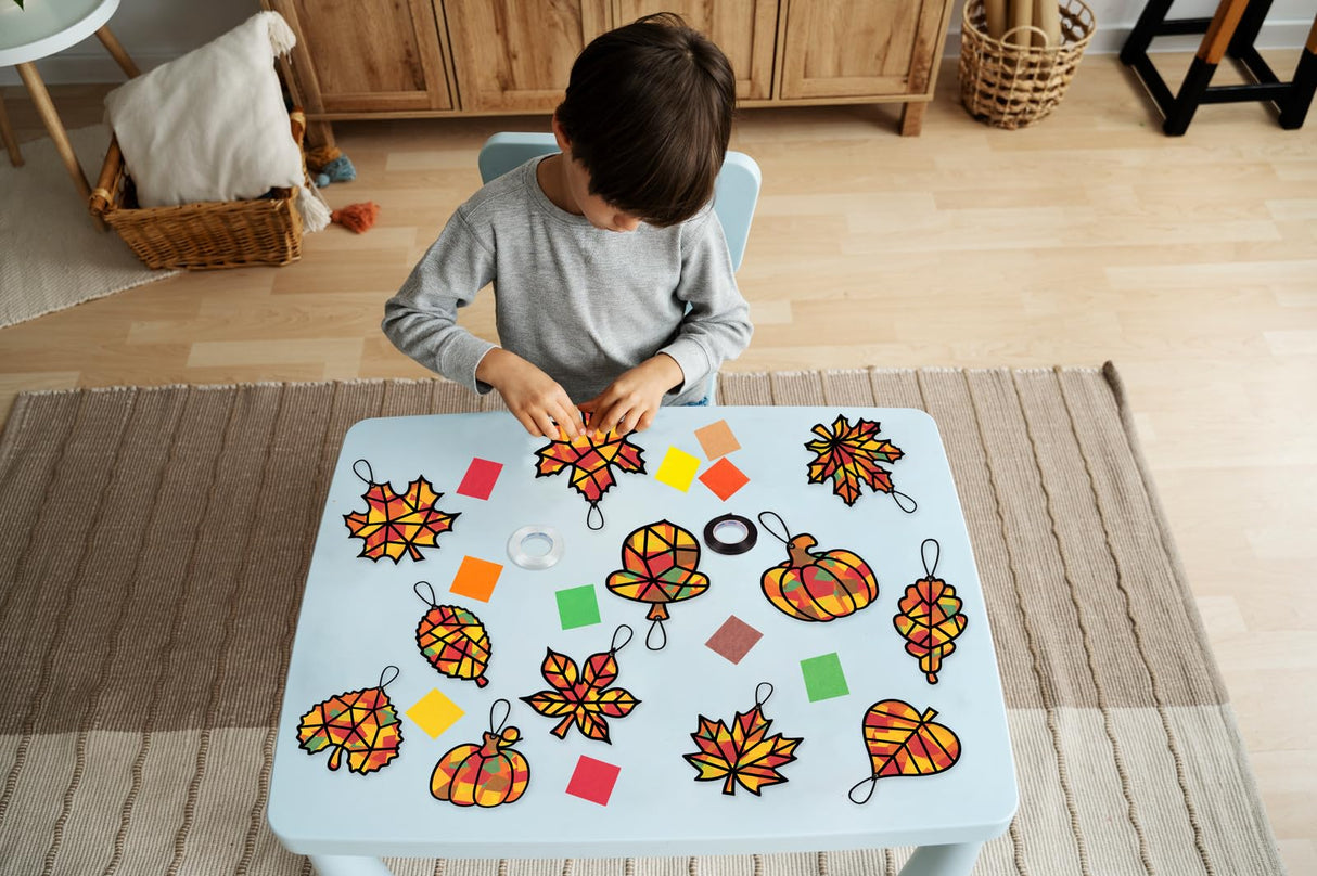 Renbuzhu 40PCS Fall Crafts Bulk: Leaves Pumpkins Paper Suncatchers DIY Kit for Autumn Thanksgiving Activities Decorations, Window Stained Glass Effect Art Supplies(Black Frame) Renbuzhu