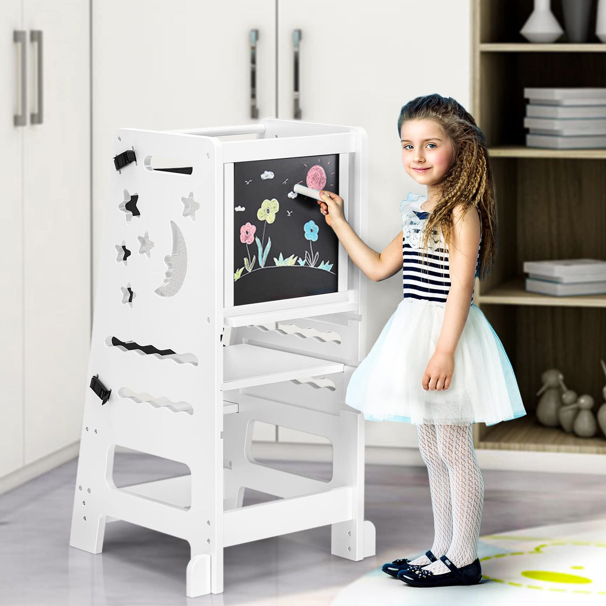 TOETOL Bamboo Toddler Kitchen Stool for Kids Step Stool - White Little Helper Tower Adjustable Height with Learning Black & White Activity Board1 TOETOL
