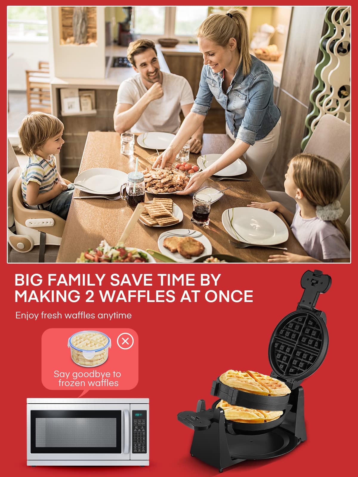Waffle Maker, 1400W Double Belgian Waffle Iron 180° Flip, 8 Slices in 3 Mins, Rotating & Nonstick Plates, Anti-Scald, Removable Drip Tray Easy to Clean, Cool Touch Handle, Space-Saving Storage(Black) FOHERE