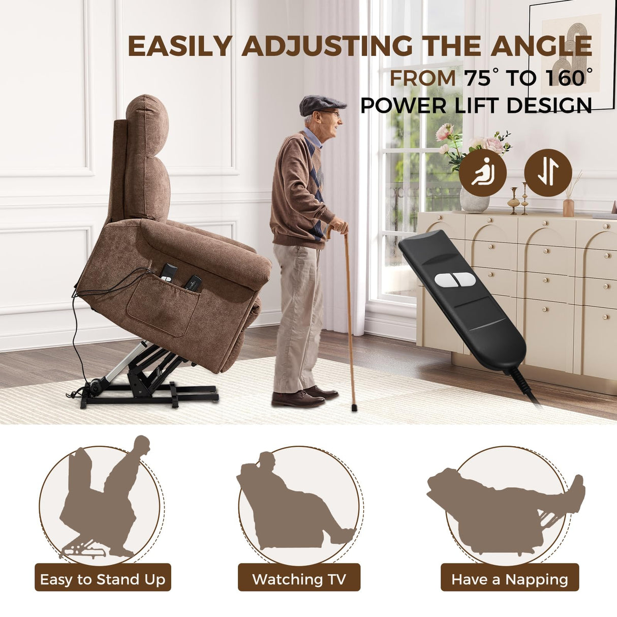 HAOMARKETS Power Lift Recliner Chair with Massage and Heat for Elderly, Electric Recliners with Remote Control,Soft Fabric Upholstered Reclining SingeSofa with Side Pocket for Living Room, Brown HAOMARKETS