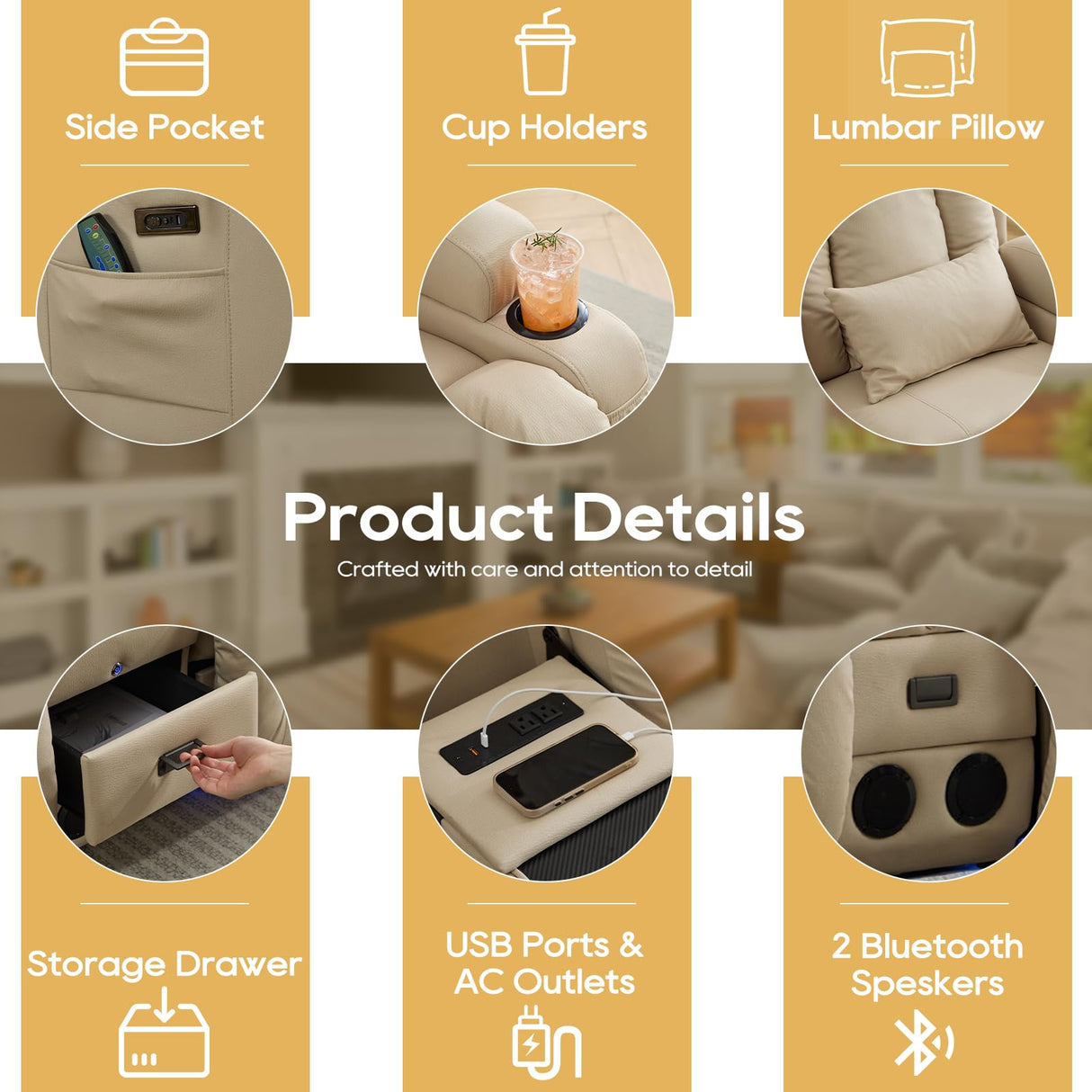 IPKIG Power Loveseat Recliner Sofa with Flip-Up Backrest Console, Drawer, AC Outlet, LED Light, Bluetooth Speakers, Wall Hugger Recliners for Living Room, RV, Home Theater (Beige, Loveseat) IPKIG