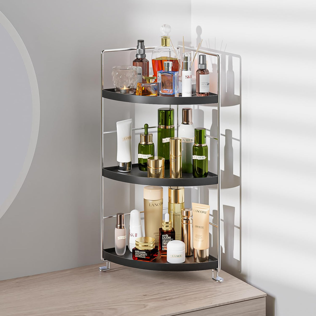 KINGBERWI 3 Tier Bathroom Corner Organizer Countertop, Vanity Counter Skincare Makeup Storage Shelf, Bathroom Sink Countertop Organizer, Black KINGBERWI