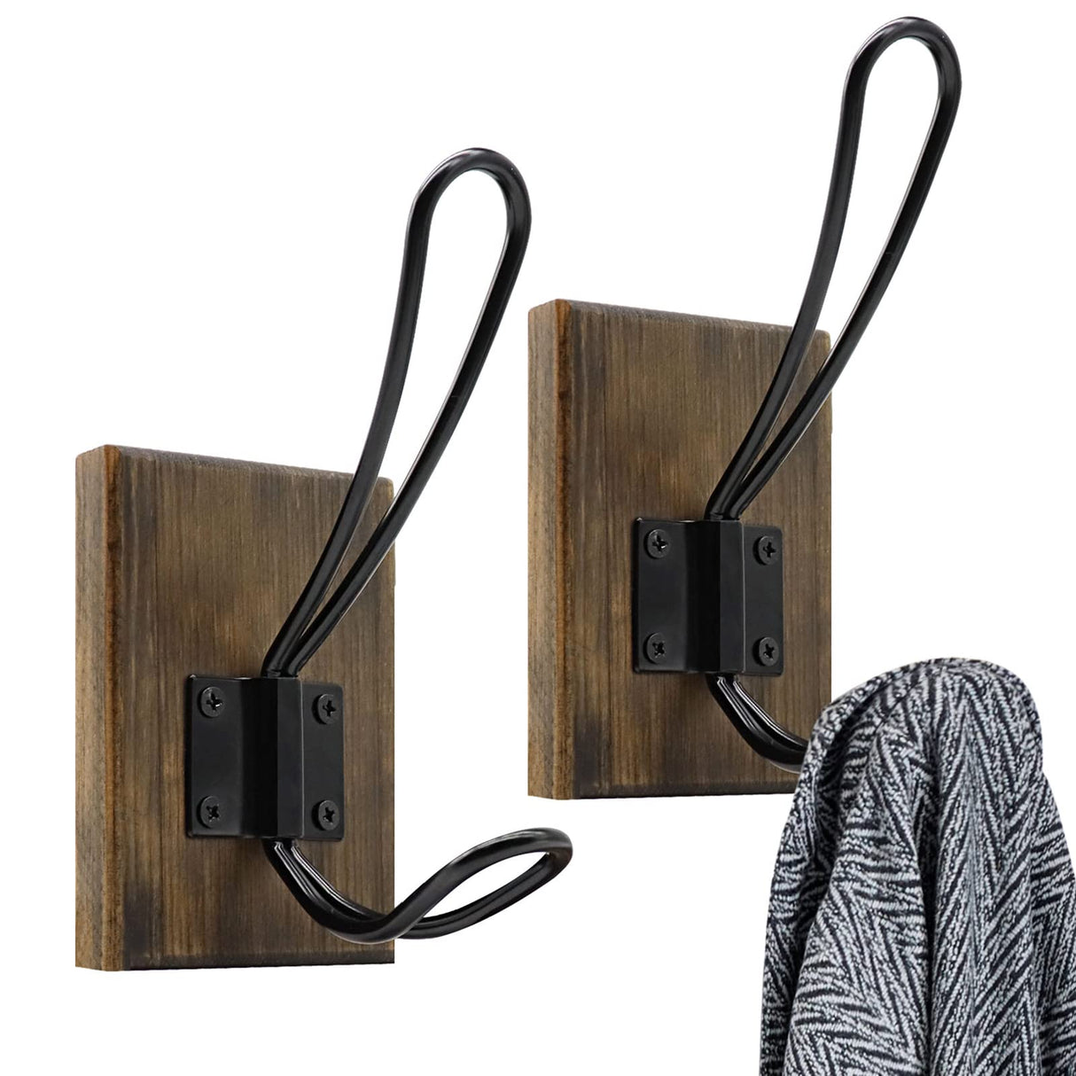 TEGUEPS Wall Hooks for Hanging,Coat Hooks,Hat Hangers for Wall,2 Pack Adhesive Towel Hooks for Bathroom,Wood Coat Rack for Robe Keys Backpack Purse(Weathered Brown) TEGUEPS
